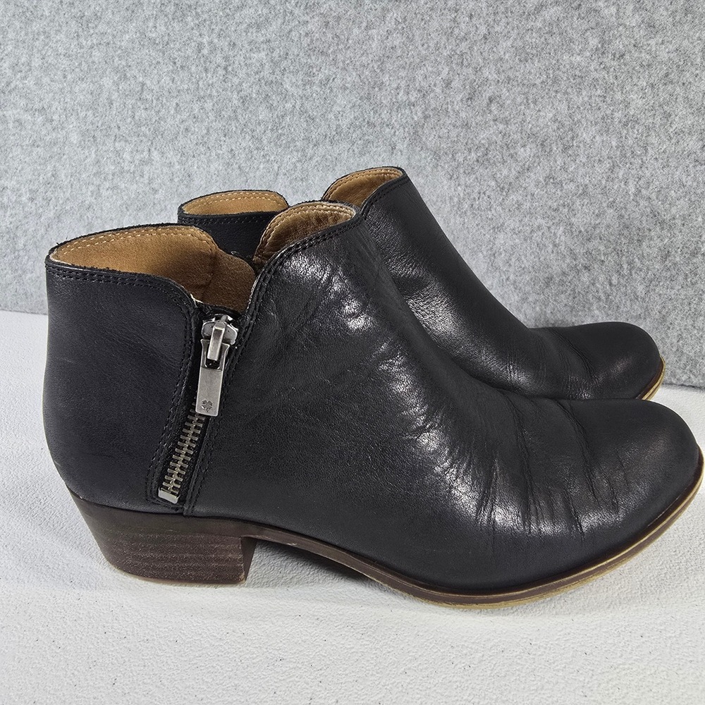 Lucky Brand Burklee Black Leather Ankle Boots Dual Zip Low Block Heel 8M 38.5